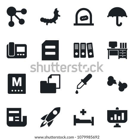 Set of vector isolated black icon - ticket office vector, desk, document, caterpillar, dropper, hospital bed, broken bone, folder, umbrella, news, paper binder, menu, intercome, rocket, social media