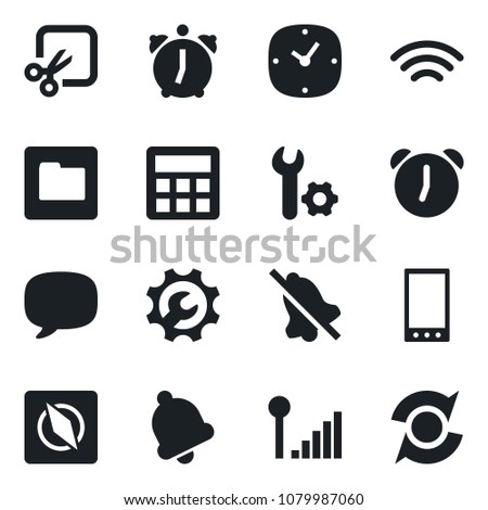 Set of vector isolated black icon - mobile vector, message, calculator, clock, alarm, bell, folder, wireless, mute, cut, compass, cellular signal, root setup, update