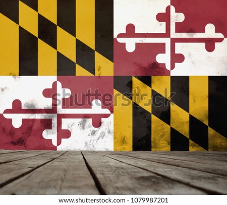 The floor of planks and plastered wall with a painted Maryland flag. 