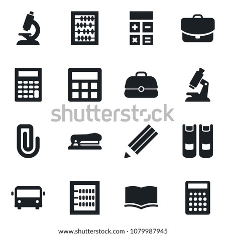Set of vector isolated black icon - airport bus vector, book, calculator, abacus, microscope, paper clip, pencil, stapler, case