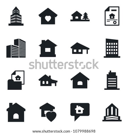 Set of vector isolated black icon - house vector, office building, with garage, tree, estate document, sweet home, city, message