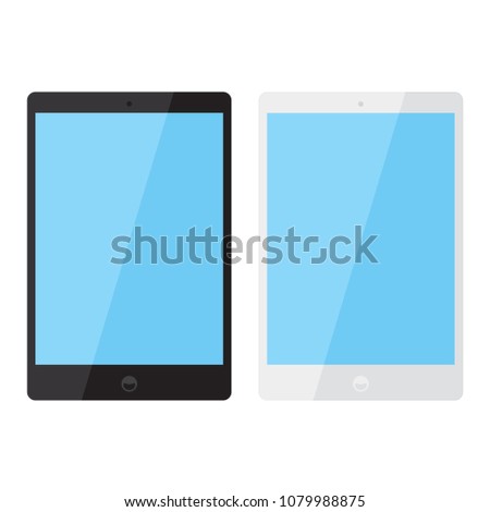 Realistic set of black & white smart digital tablets with blue screen icon, flat design interface element for app ui ux web eps 10 vector isolated on white background