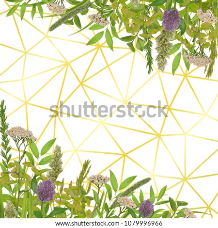Floral geometric gold background, herb and field flowers in watercolor style. Greenery country botanical pattern for wedding invite, greeting, birthday card and covers.