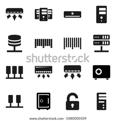 Flat vector icon set - safe vector, server, network, unlock, air conditioner, barcode, computer