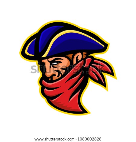 Mascot icon illustration of a 17th century highwayman, robber, outlaw or bandit wearing a bandana t mask his face viewed from side on isolated background in retro style.