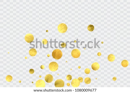 Round gold confetti. Celebrate background. Golden sparkles and dots on transparentbackdrop. Christmas party invitation card template. Falling gold confetti. Glitter background. 
