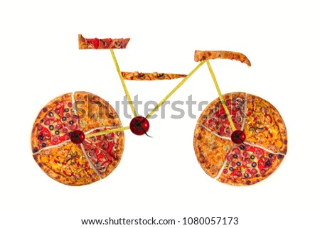 Creative picture of road bicycle made of international pizza and vegetables on white background. Delivery.