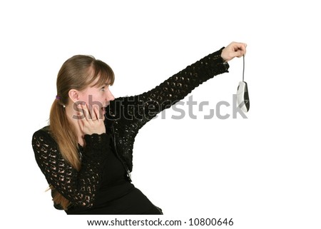 girl keeps computer mouse, white background
