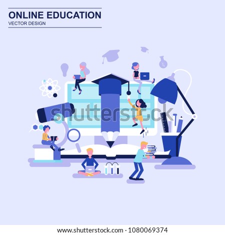 Online education flat design concept blue style with decorated small people character. Conceptual vector illustration for web design, marketing, graphic design.