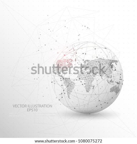 Globe world map shape point, line and composition digitally drawn in the form of broken a part triangle shape and scattered dots low poly wire frame on white background.