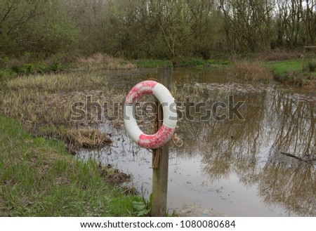 Lifebuoy by the Side of a Lake in a Woodland Landscape Setting in Rural Devon, England, UK