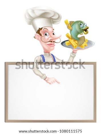 An Illustration of a Cartoon Chef Holding Fish and Chips Sign