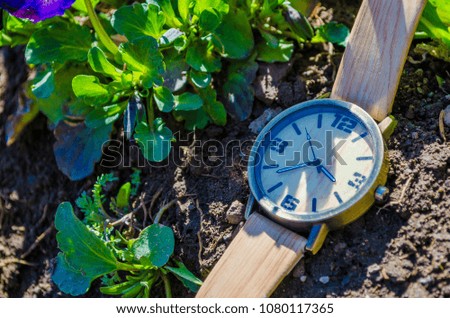 Wooden clock on the ground in the shade on the spring flowers, Sunny day, hot, education, business