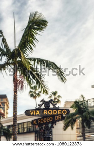 Los Angeles, CA, USA - February 02, 2018: Rodeo Drive sign with palm trees in Beverly Hills