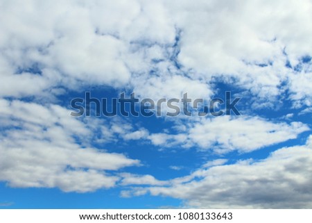 A beautiful present blue sky and white fluffy cumulus clouds. Background. landscape. Panorama.