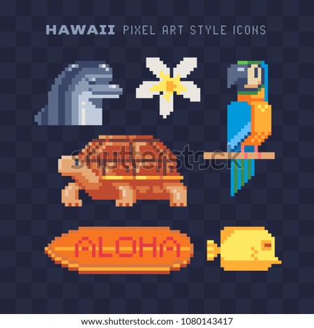 Travel to Hawaii pixel art icon set Part3.  Surfboard, Plumeria Hawaiian flower, dolphin, exotic animal isolated vector illustration. Summer time holidays. 8-bit. Design for sticker, logo, mobile app