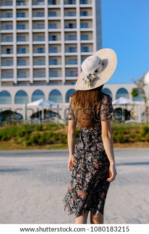 Side view of attractive woman having fun enjoying summer holiday weekend background. Harbor outdoors, amazing dreamy marine vacation freedom pleasure summertime escape concept