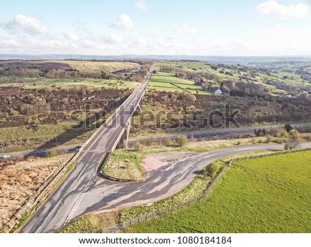 Aerial view of Scammonden Bridge crossing the M62, Calderdale, West Yorkshire