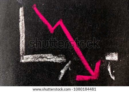Red chalk drawing in down trend arrow break the graph line shape on black board background