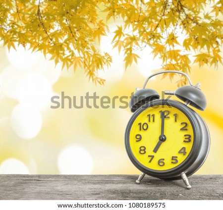 Closeup alarm clock show the time  in 9 o'clock on wood desk with brown leaves at tree and  brown light bokeh in the morning textured background