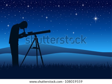 Silhouette illustration of a person looking at night sky through a telescope