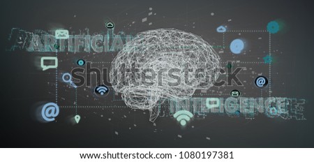 View of a 3d rendering artificial intelligence concpt with a brain and app