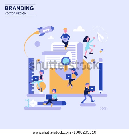 Branding flat design concept blue style with decorated small people character. Conceptual vector illustration for web design, marketing, graphic design.