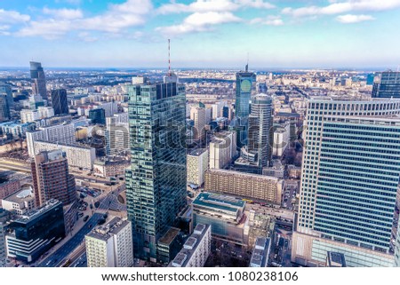 Panoramic view at the modern architecture buildings in the city center of Warsaw, Poland.  Royalty-Free Stock Photo #1080238106