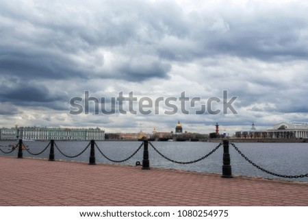 Saint-Petersburg and river Neva, dark dramatic cityscape