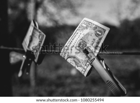 Dollars hanging on the clothes pegs outdoors. Money drying on clothes pin in the green yard on sunny day. Poverty economic situation photo.