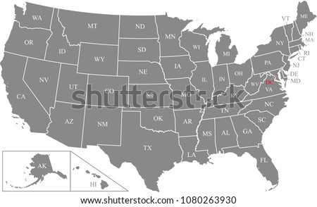 USA map vector outline illustration with abbreviated states names and capital location and name, Washington DC, in gray background. Creative map of United States of America Royalty-Free Stock Photo #1080263930
