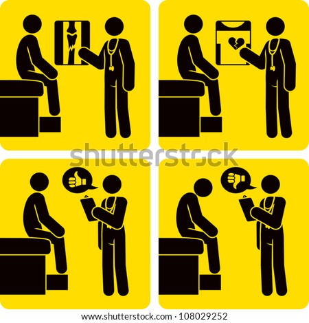 Clip art illustration styled like universal signs showing a stick figure man receiving a diagnosis from a doctor. Includes diagnosis of broken bone, heart trouble, and generic good news and bad news.