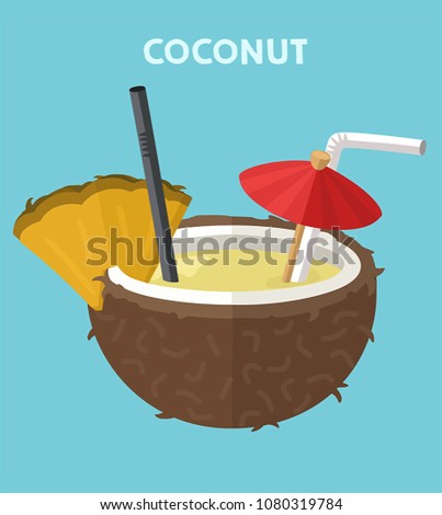 Icon tropical coconut cocktail with pineapple, straw and umbrella.