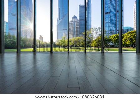 empty window with modern office building in shanghai china