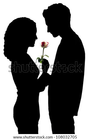 silhouette of boy and girl with flower isolated on white