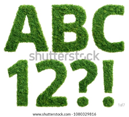 Alphabet set of photographed green grass letters, numbers and punctuation marks on white background.