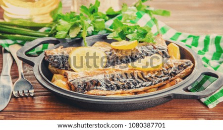 baked fish mackerel and potatoes. Selective focus.