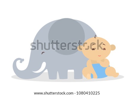 Cute babies playing with animals on white background.
