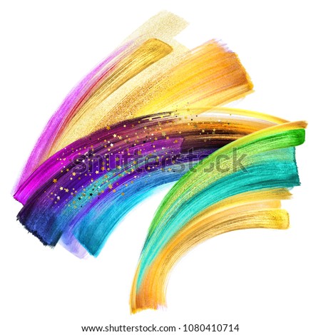 creative brush stroke clip art isolated on white background, dynamic watercolor smear, multicolor neon paint texture, green blue violet gold pink acrylics, grunge, rainbow