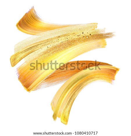 creative gold brush stroke clip art isolated on white background, dynamic watercolor smear, golden yellow paint texture, acrylics, grunge, glitter, shimmer, make up, cosmetics