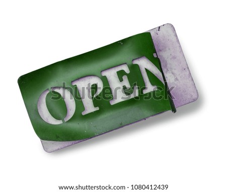 Damaged sign with text Open, isolated on white background. Aged board Open.