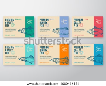 Premium Quality Fish Labels Set. Abstract Vector Packaging Design or Label. Modern Typography and Hand Drawn Fish Silhouettes Background Layouts with Soft Shadows. Isolated.