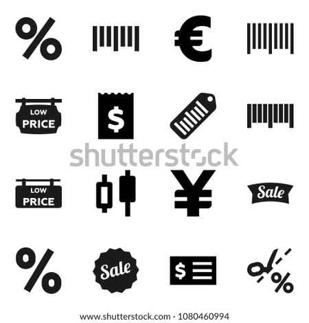 Flat vector icon set - japanese candle vector, receipt, euro sign, yen, barcode, low price signboard, sale, percent, coupon