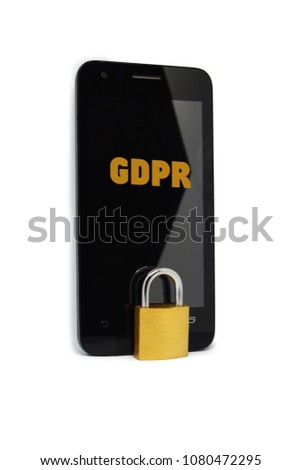 The black smartphone with the inscription "GDRP" and the gold padlock on the white isolated background