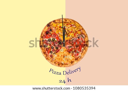 Creative pizza picture in the form of a clock with arrows on a beautiful bright background. delivery 24 hours inscription. Concept