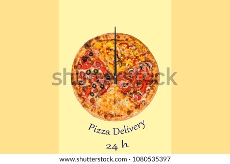 Creative pizza picture in the form of a clock with arrows on a beautiful bright background. delivery 24 hours inscription. Concept