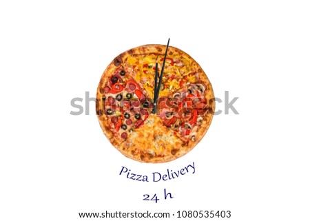 Creative pizza picture in the form of a clock with arrows on a beautiful bright background. delivery 24 hours inscription. Concept 