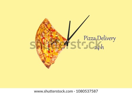 Creative pizza picture in the form of a clock with arrows on a colorful bright background. delivery 24 hours inscription. Concept
