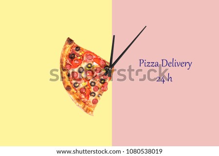 Creative pizza picture in the form of a clock with arrows on a colorful striped background. delivery 24 hours inscription. Concept