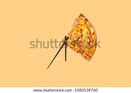 Creative pizza picture in the form of a clock with arrows on a yellow bright background. Concept 